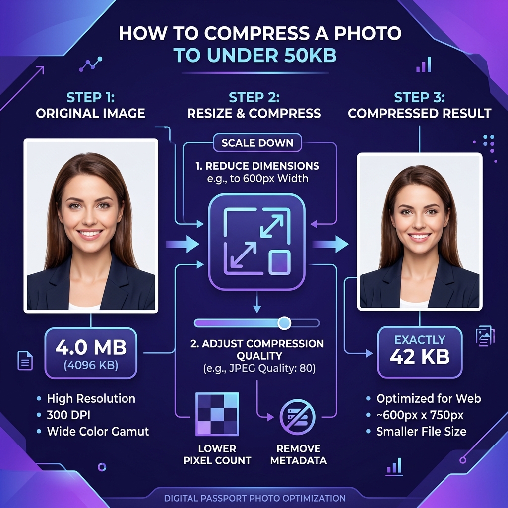Step-by-step visual infographic demonstrating passport photo compression under 50KB limit